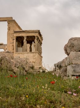 Ancient statues of the Caryatids on the Erechtheion or Erechtheum temple in Acropolis