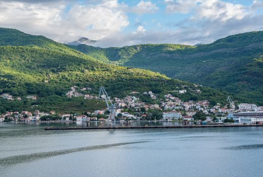 Port town of Bijela on coastline of Gulf of Kotor in Montenegro