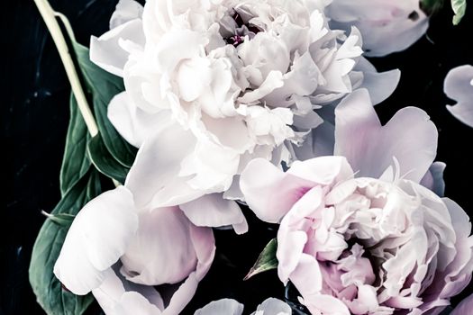 Pastel peony flowers as floral art background, botanical flatlay and luxury branding design