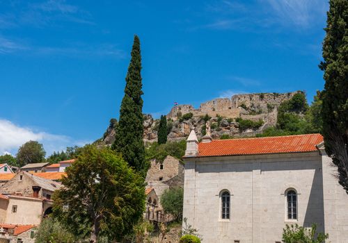 Ruins of old Venetian fort above the coastal town of Novigrad in Croatia
