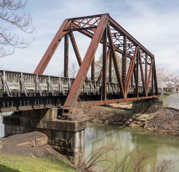 Old steel girder bridge carrying walking and cycling trail in Morgantown over Deckers Creek with cherry blossoms