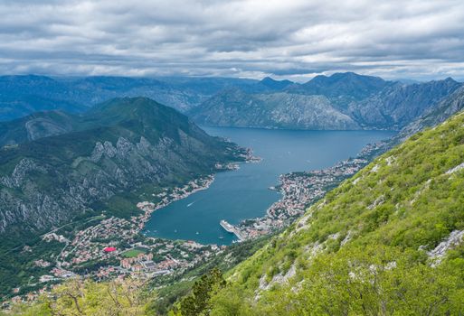 Panoramic view of Bay of Kotor from Serpentine road with hairpin bends