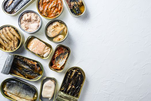 Opened preserve cans with Saury, mackerel, sprats, sardines, pilchard, squid, tuna over white textured stone table flat lay overhead view space for text.