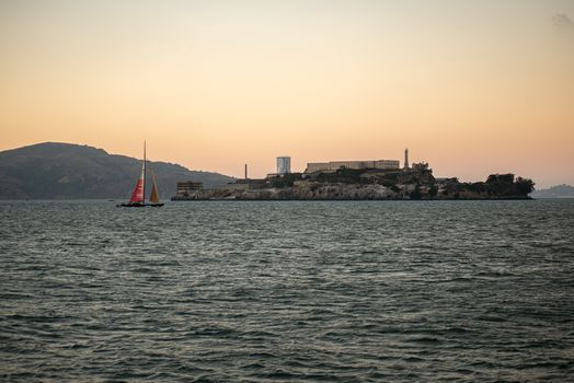  Alcatraz National Park lighthouse against the night sky. High quality photo