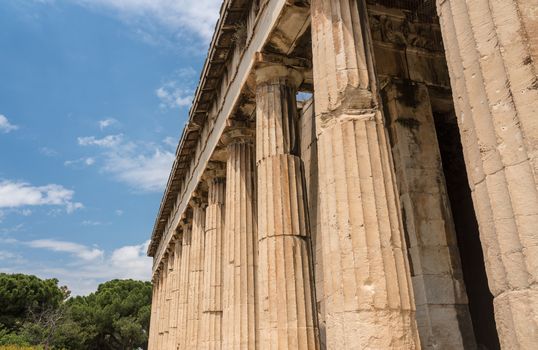 Detail of the columns and carving on Temple of Hephaestus in Greek Agora Athens