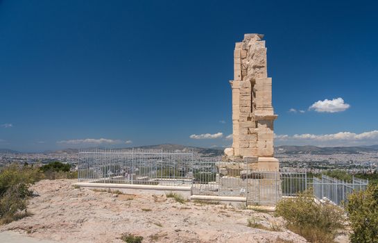 Monument of Filopappos above the trail on the summit of Filopappou Hill