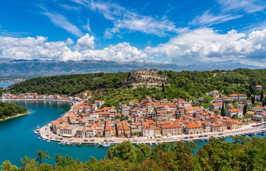 Colorful old village of Novigrad in Istria county of Croatia with blue river and harbor