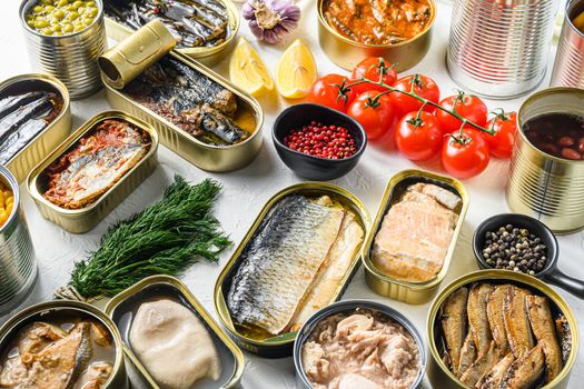 Different canned conserve products in tin cans. with fresh organic ingridients Saury, mackerel, sprats, sardines, pilchard, squid, tuna pinapple, corn, peas, mango , beans, over white textured background side view.