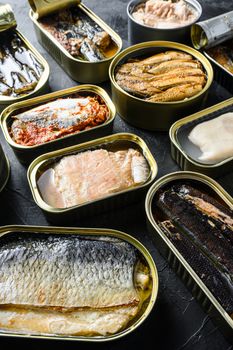 Tin can of Saury, mackerel, sprats, sardines, pilchard, squid, tuna Open and closed over black slate background side view close up vertical.