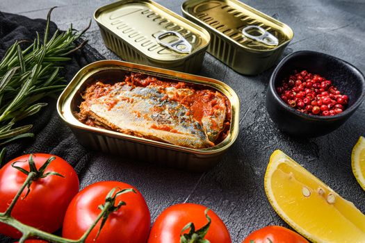 Tin can of mackerel, Scombridae opened and closed cans no label, with organic vegetables herbs and lemons side view close up new wide angle.