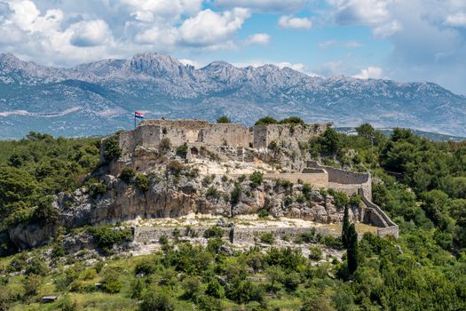 Ruins of old Venetian fort above the coastal town of Novigrad in Croatia