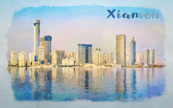 Digital art water color painting of widescreen panorama of the city skyline of Xiamen with reflections in ocean