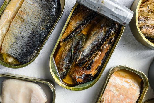 Set aluminium and tin cans with Saury, mackerel, sprats, sardines, pilchard, squid, tuna over white textured background close up.