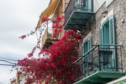 Red flowers on balconies above narrow streets in the old town in the city of Nafplio in Greece