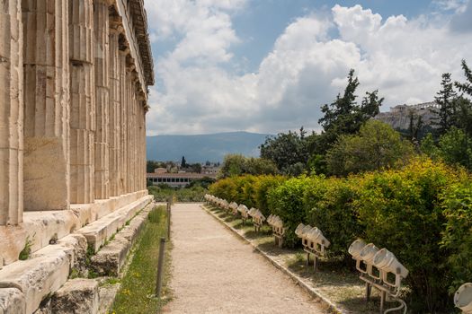 Detail of the columns and carving on Temple of Hephaestus in Greek Agora Athens