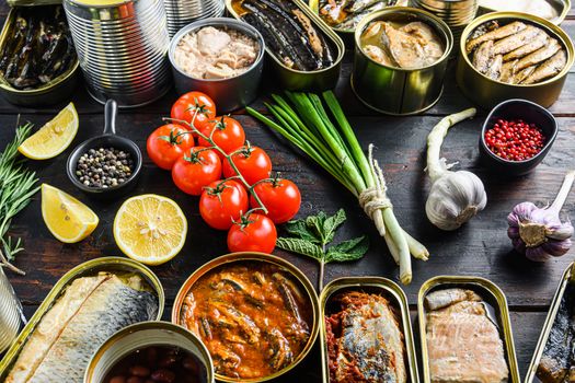 Canned preserves food in cans with fresh organic bio ingredients tomatoe herbs lemon prepared vegetables, meat, fish and fruits in tin cans On the old dark wood farm table vertical side view.