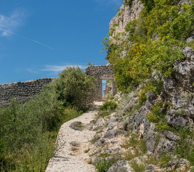 Steps leading to ruins of old Venetian fort above the coastal town of Novigrad in Croatia