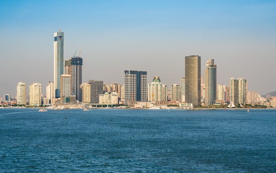 Panorama of the city skyline of Xiamen in China from the ocean