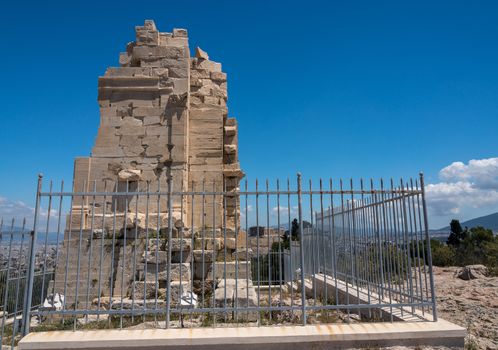Monument of Filopappos above the trail on the summit of Filopappou Hill