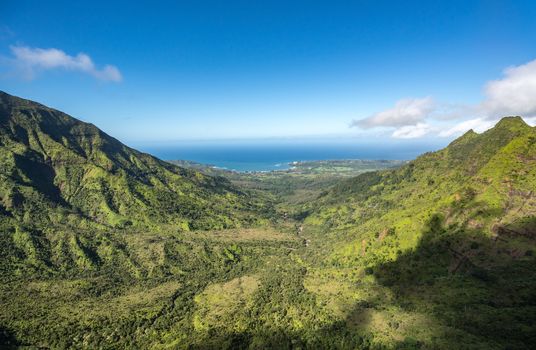 Aerial view of Hanalei Bay and Princeville on hawaiian island of Kauai from helicopter flight