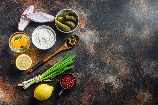Ingredient tartar sauce organic mayonnaise, lemon,capers,parsley,dill,onion and various herbs. Over old rustic metall background Top view space for text .