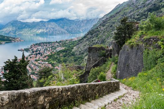 Aerial view of Dobrota and Kotor from hike to Fortress