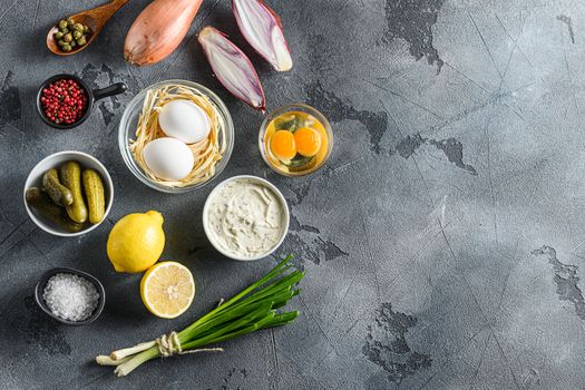 Ranch sauce in a white porcelain bowl with ingredients eggs capers,vegetables, herbs and spices on an grey stone textured table top view space for text
