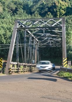 Famous steel girder bridge on the road to Hanalei from Princeville in Kauai