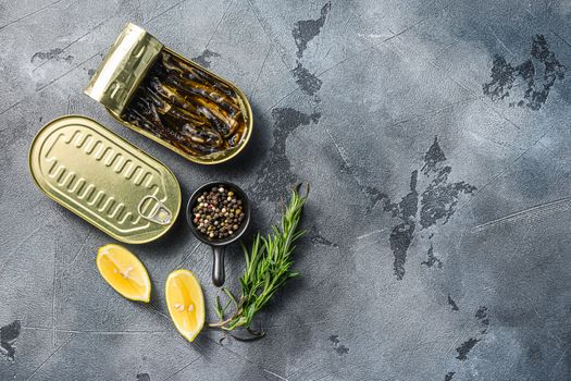 Top view of opened cans with sprats on grey textured stone table, top view space for text