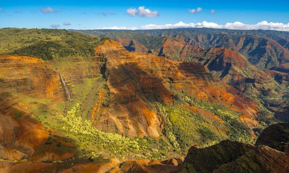 Aerial view of Waipo'o waterfall and landscape of Waimea Canyon of Kauai from helicopter flight