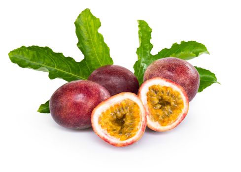 Passion fruit with green leaf isolated on white background, fruit for healthy concept