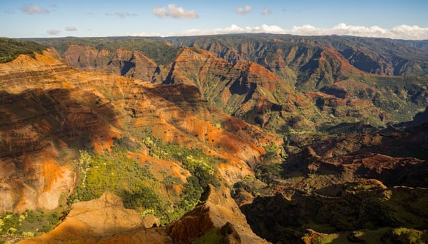 Aerial view of Waipo'o waterfall and landscape of Waimea Canyon of Kauai from helicopter flight