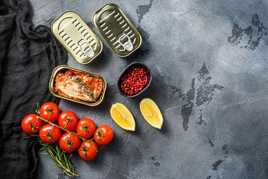 Tin can of mackerel, Scombridae opened and closed cans no label, with organic vegetables herbs and lemons top view space for text or price.