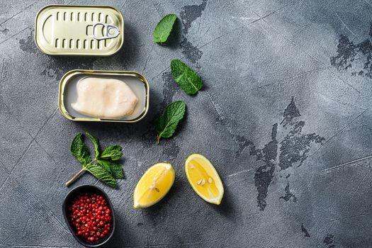 canned squid, set of opened cans closed conserve with fresh leaves and lemon with rose pepper over grey background top view spacr for text.