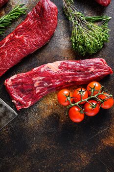 Close up machete Steak, Flank steak, cut near denver alternative beef steak a rustic metall background top view layflat.