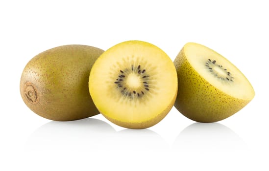 Fresh gold kiwi fruit isolated on white background, health care concept