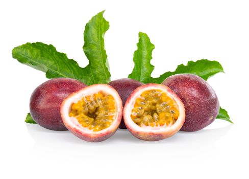 Passion fruit with green leaf isolated on white background, fruit for healthy concept