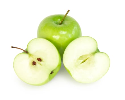 Closeup green apple with slice isolated on white background, fruit for healthy diet concept