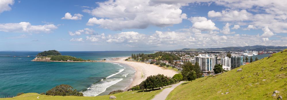 Panoramic view of the coastline and town of Tauranga from the Mount in New Zealand