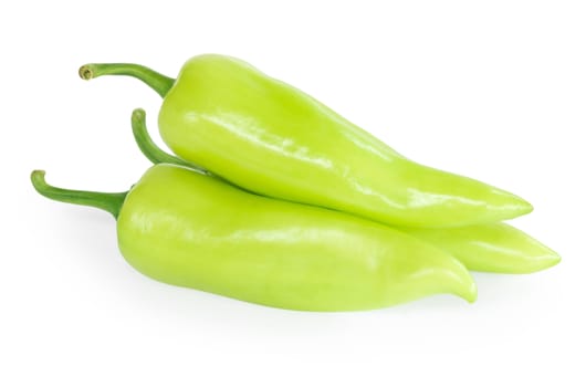 Closeup green chilli pepper on white background, raw food ingredient concept