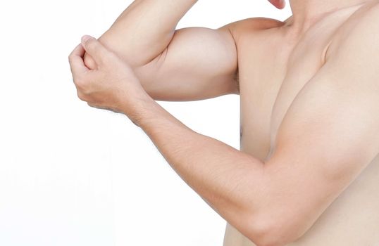 Closeup man hand holding elbow with pain on white background, health care and medical concept
