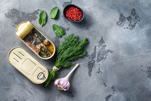 Sardinops in oil in preserve canned food,closed and open can jar woth herbs and garlic ocer grey background top view space for text.