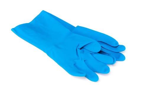 blue rubber gloves for cleaning on white background, workhouse concept