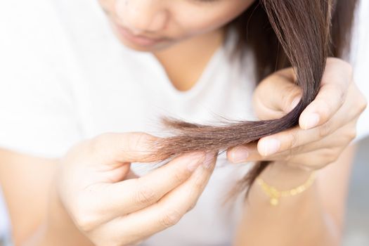 Woman serious hair loss problem for health care shampoo and beauty product concept