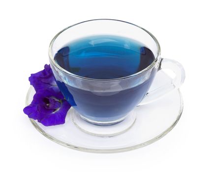Glass of butterfly pea juice on white background, herb and medical concept