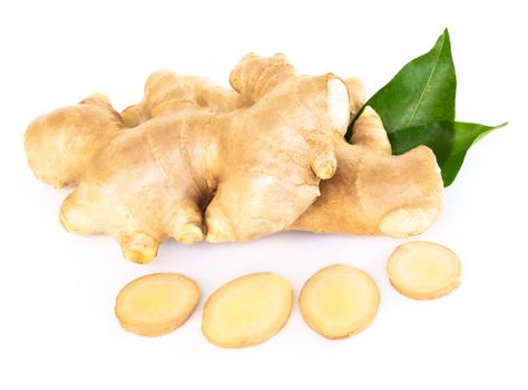 Fresh ginger root with sliced islolated on white background for herb and medical product concept