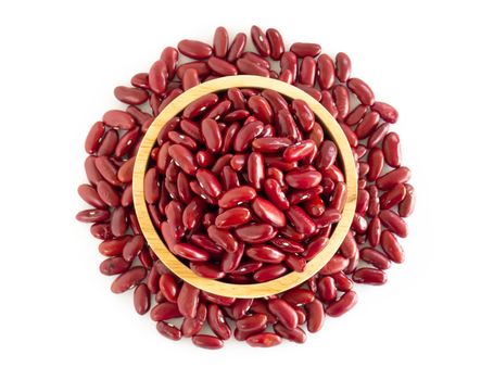 Red kidney beans in wood bowl isolated on white background, healthy food concept