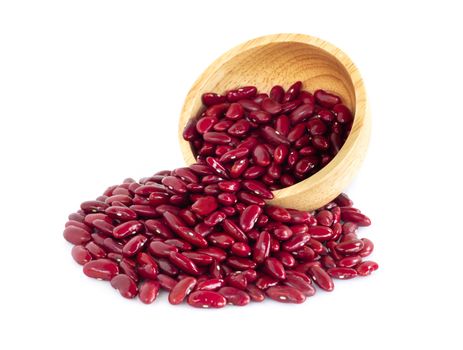 Red kidney beans in wood bowl isolated on white background, healthy food concept