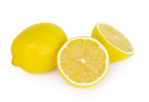 Closeup fresh lemon fruit slice isolated on white background, food and healthy concept