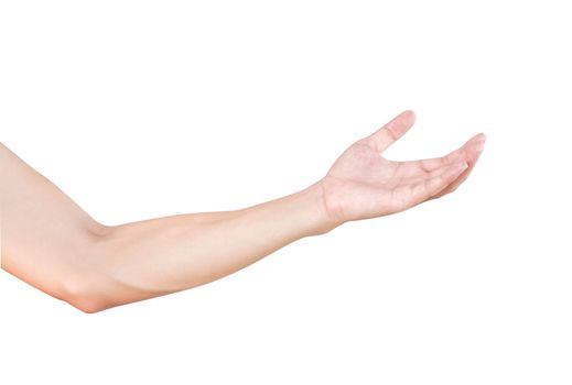 Man hands holding something on white background for product advertising concept